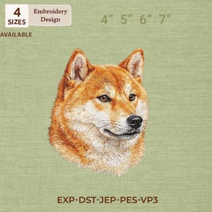Może przedstawiać: Haftowany wzór głowy psa Shiba Inu, w odcieniach pomarańczu, brązu i bieli. Dostępny w 4 rozmiarach, od 10,16 cm do 17,78 cm. Wzór umieszczony na jasnym zielonym tle.