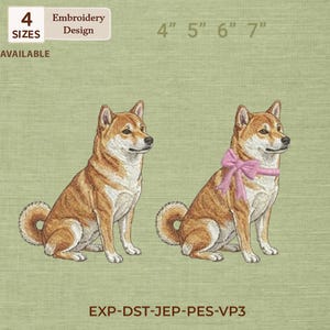 Może przedstawiać: Dwa wzory haftu psów Shiba Inu. Jeden pies jest pokazany z różową kokardą. Obraz zawiera tekst "4 Rozmiary Dostępne" i "Wzór Haftu". Rozmiary to 10 cm, 13 cm, 15 cm i 18 cm.