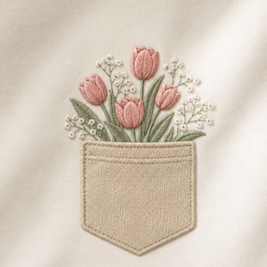 Tulip Pocket Embroidery File, Wildflower Floral Machine Embroidery, Spring Flower Bouquet Design, Cottagecore Shirt Decor LH
