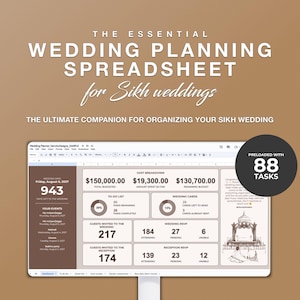 Peut inclure: Un écran d'ordinateur affichant une feuille de calcul de planification de mariage pour les mariages sikhs. La feuille de calcul comprend une ventilation du budget, une liste de tâches à faire et le suivi des invités. La feuille de calcul est préchargée avec 88 tâches. L'écran affiche également un dessin d'une cérémonie de mariage sikh.