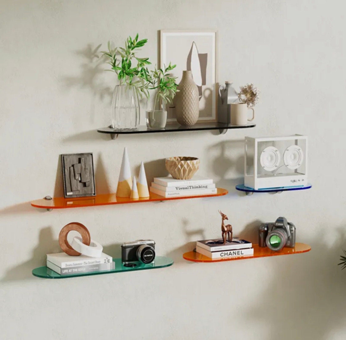 6 Pieces Small Adhesive Wall Shelves, 4 in Clear Floating Shelves