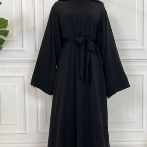 Women Closed Abaya With Belt Kaftan Maxi Jilbab Dress Kimono Robe Brown Olive Green Black Mauve Purple Brown Navy Blue Red Burgundy Teal