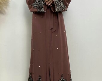 Open Abaya with Faux Pearl Decor Belted Abaya, Elegant Long Sleeve V Neck Long Dress for Spring & Fall, Lady Islamic, Modest Muslim Fashion