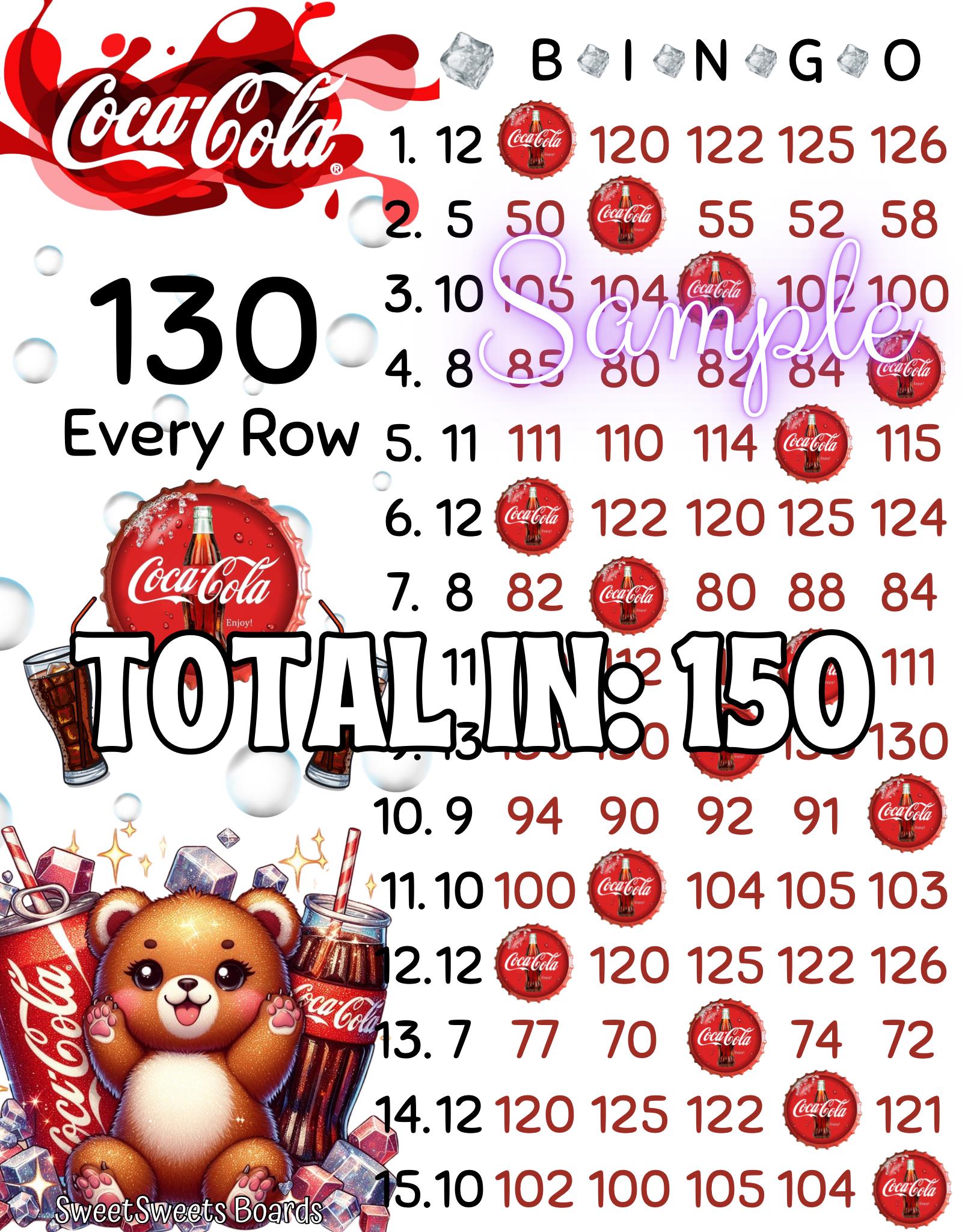 130 In Every Row With Profit Bingo Board Graphic, PYP Pick Your Prize Bingo Cola Soda Bear Theme, Regular 15 Line Game