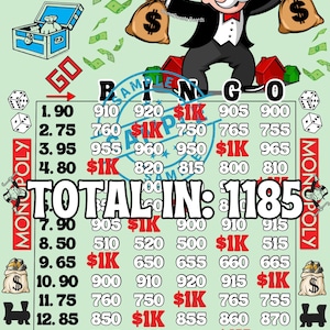 1 kilomètre à chaque rangée avec panneau de bingo profit, thème du jeu de monopole PP Choisissez votre prix, jeu de 15 lignes standard, 75 boules d'appel