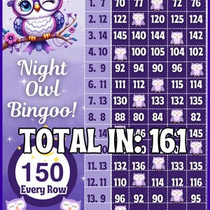 150 lignes de bingo sur chaque rangée avec tableau de bingo profit, PP Choisissez votre prix sur le thème des oiseaux de nuit, jeu de 15 lignes standard