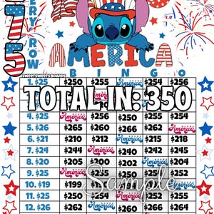 275 en cada fila con gráfico de tablero de bingo de ganancias, PYP Elige tu premio América 4 de julio Día de la Independencia Tableros Patrióticos