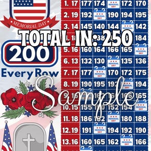 Bingo "200 en cada fila con ganancias", gráfico, tema patriótico del Día de los Caídos, elige tu premio, juego regular de 15 líneas