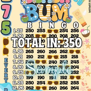 275 en cada fila con gráfico de tablero de bingo de ganancias, PYP Pick Your Beach Bum Summer Regular 15 Line Game