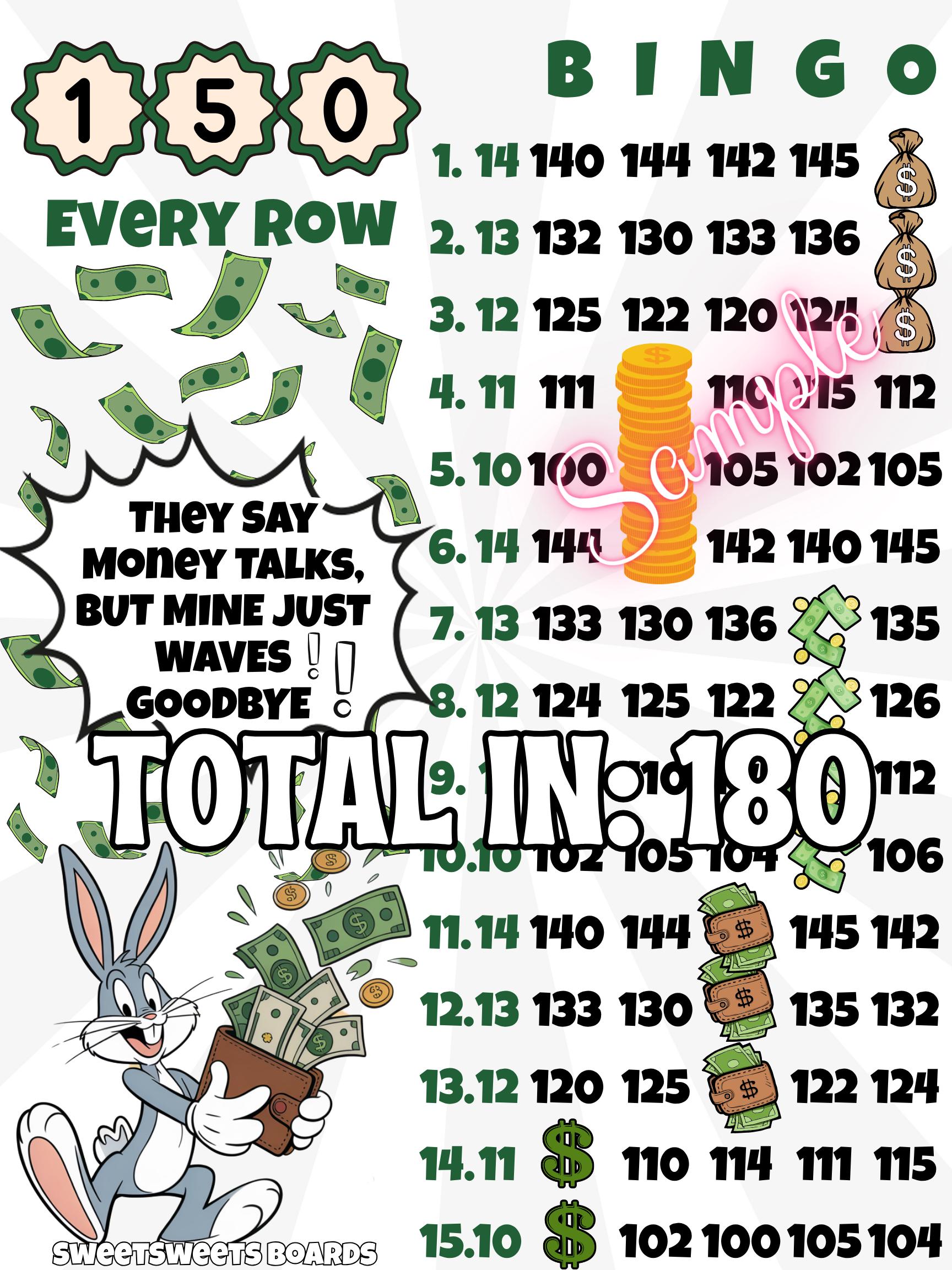 150 In Every Row With Profit Bingo Board Graphic, PYP Pick Your Prize Funny Money Wallet Themed, Regular 15 Line Game