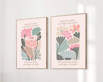 Set of 2 Never Be So Kind You Forget To Be Clever Taylor Poster Marjorie Quote Lyrics Print Subtle Office Decor Home Room Digital Printable