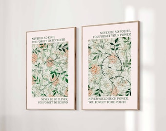 Set of 2 Never Be So Kind You Forget To Be Clever Taylor Poster Marjorie Quote Lyrics Print Subtle Office Decor Home Room Digital Printable