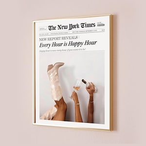 Cada hora es una hora feliz, impresión de periódico de moda, póster de botas de vaquera, vino rosado, champán, arte de pared, decoración de revista retro, estética occidental
