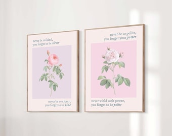 Set of 2 Never Be So Kind You Forget To Be Clever Marjorie Taylor Poster Inspired Quote Lyrics Print Subtle Office Floral Digital Printable