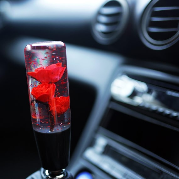 Red Rose Shift Knob 6in – Sparkle Roses in Clear Resin, Weighted JDM Gear Shifter, Universal Manual Shift Knob, Romantic Car Accessory