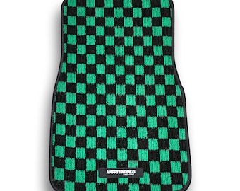 Green Checkered Car Floor Mats – Checkerboard Front Set, Plush JDM Racing Floor Mats, Retro Car Interior Decor, Universal Fit