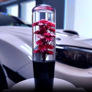 Pode incluir: Um botão de mudança de marcha de carro cilíndrico transparente com uma base preta, preenchido com vibrantes flores vermelhas e rosa. A parte superior do botão também é transparente, e o fundo mostra um carro branco.