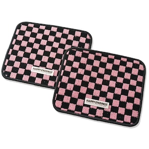 Pink Checkered Rear Floor Mats – Baby Pink Checkerboard Back Seat Set, Plush JDM Car Mats, Cute Car Accessories, Universal Fit