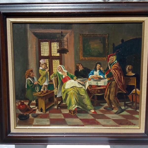 Authentique peinture à l'huile sur toile signée Hans CRUYCKEN, école flamande,"scène de taverne" dans le style 17éme, original oil on canvas