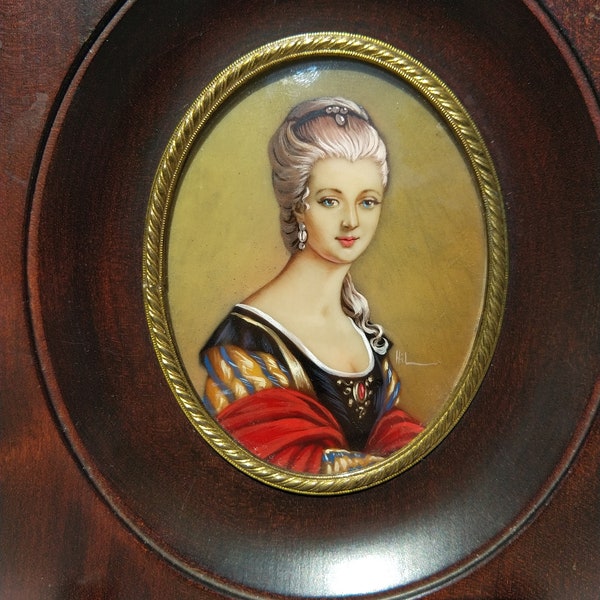 Authentique peinture à l'huile miniature 19éme signée, portrait de jeune femme, original antique oil painting 19th