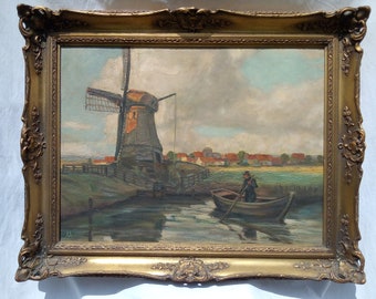 Authentic oil on canvas, fisherman with boat and mill, signed painting, 20th century, magnificent period frame, antique Flemish oil on canvas