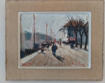 Oil painting on canvas signed, La Balade au Port, dated 19(54) and located in AGDE (?), English or American painter