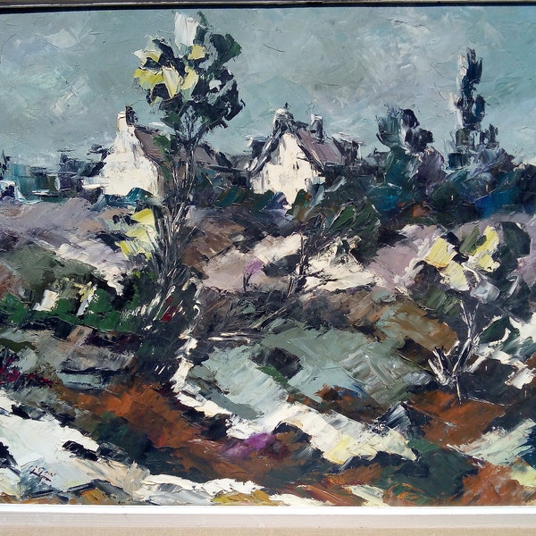 Authentique peinture à l'huile sur panneau de bois signée, paysage de neige, CIRCA 1950, peintre français, original oil painting snow scape