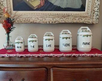 Ensemble de 6 pots à épices anciens en porcelaine à décor de vigne