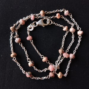 Birthday gift, rhodonite gemstone beads minimalist necklace, rhodonite beads choker,  rhodonite rondelle  sterling silver chain necklace