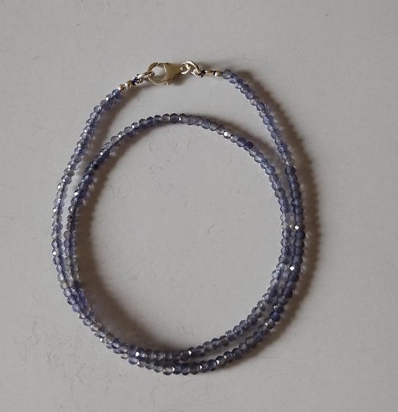 Iolite Beaded Necklace, Sterling Silver, Faceted Rondelle Gemstone Choker
