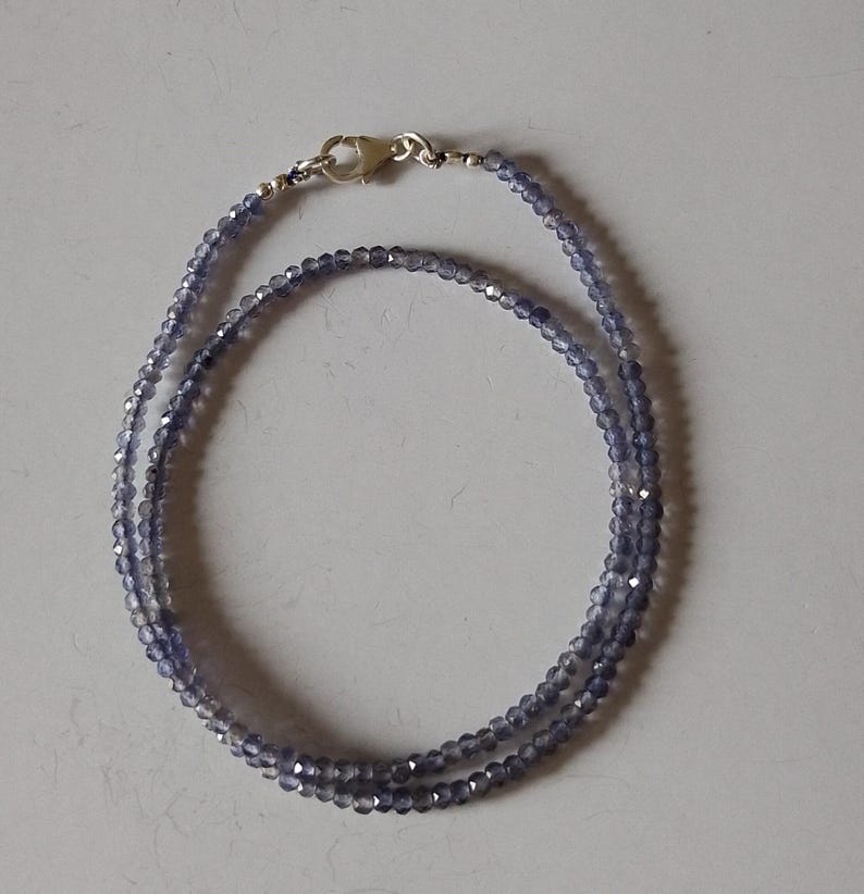 Iolite minimalist beaded necklace, birthday gift, 3 mm iolite faceted rondelle beads sterling silver necklace, iolite gemstone beads choker