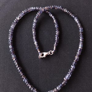 May include: A silver chain necklace with a silver clasp, featuring a strand of dark blue gemstone beads.