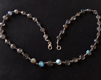 Labradorite gemstone beaded necklace, birthday gift for her, Birthstone necklace, labradorite beaded and silver wire chain rosary necklace