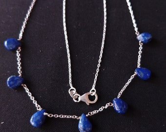 Lapis lazuli beads necklace, birthday gift, anniversary gift, minimalist necklace, lapis lazuli almond drops beads silver chain necklace