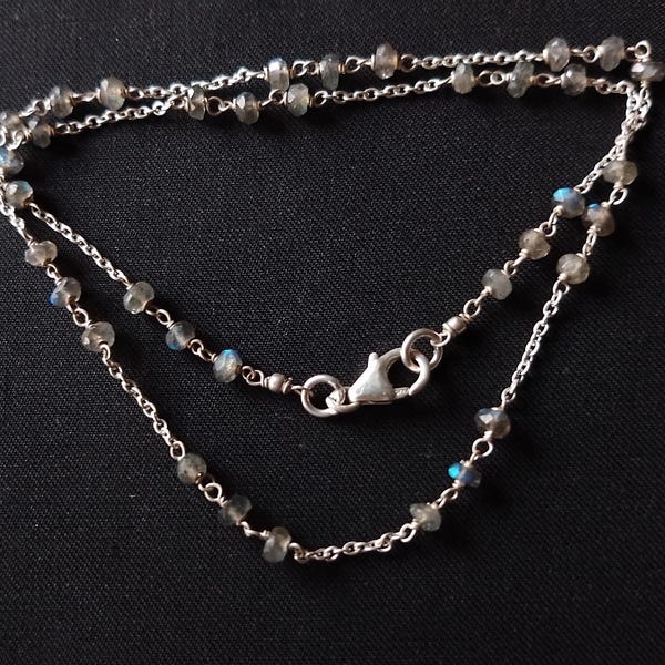 Dainty Labradorite Beaded Necklace, Sterling Silver Chain, Handmade Choker Gift