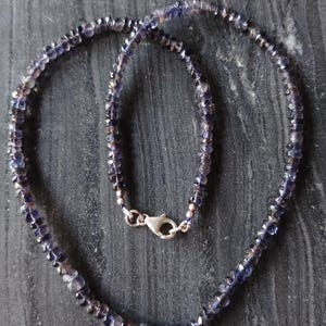 May include: A necklace made of small, faceted, dark purple gemstones. The necklace is strung on a silver chain and has a silver clasp.