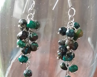 Chrysocolla Sterling Silver Cluster Earrings, Gemstone Dangle, Boho Style