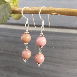 Rhodonite gemstone beaded silver earring, earring gift for her, Rhodonite beads earrings, boho earring, every day earring, gift for daughter