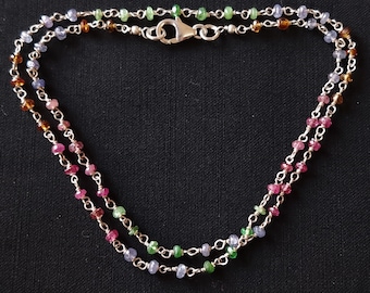 Cadeau d'anniversaire pour elle, collier de perles de pierres précieuses de couleur arc-en-ciel, collier en argent sterling de chaîne de chapelet de perles rondelles à facettes de pierres précieuses multiples