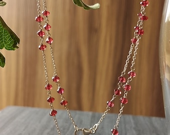 Garnet Beaded Sterling Silver Chain Necklace, Garnet Gemstone Dainty Choker