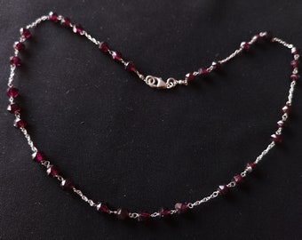 Delicate dainty gemstone beads garnet necklace, aniversary gift, garnet beaded sterling silver chain choker, boho gemstone women jewelry