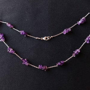 Dainty gemstone beads necklace, birthday gift, amethyst rough chips sterling silver chain necklace, Lavender beads necklace, gift for her