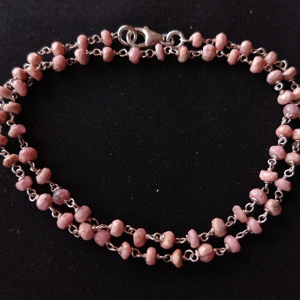 Birthday gift rhodochrosite gemstone rosary necklace, rhodochrosite beads choker, rhodochrosite rondelle bead sterling silver wire necklace