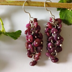 Könnte beinhalten: Ein Paar Hängeohrringe mit einem Cluster aus kleinen, dunkelrosa Edelsteinen, die an silbernen Creolen hängen. Die Ohrringe sind etwa 5 cm lang.