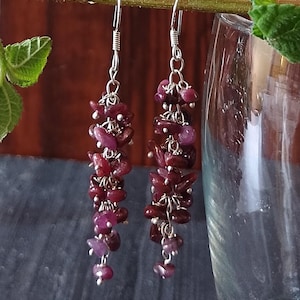 May include: A pair of dangle earrings with a silver chain and multiple small, dark pink and purple gemstones.