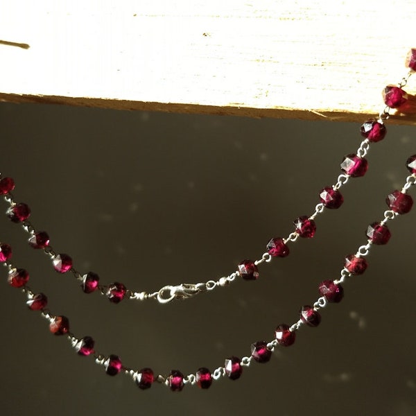 Birthday gift garnet gemstone beads necklace, garnet beads choker, Garnet 5 mm rondelle beaded sterling silver wire wrapped rosary necklace