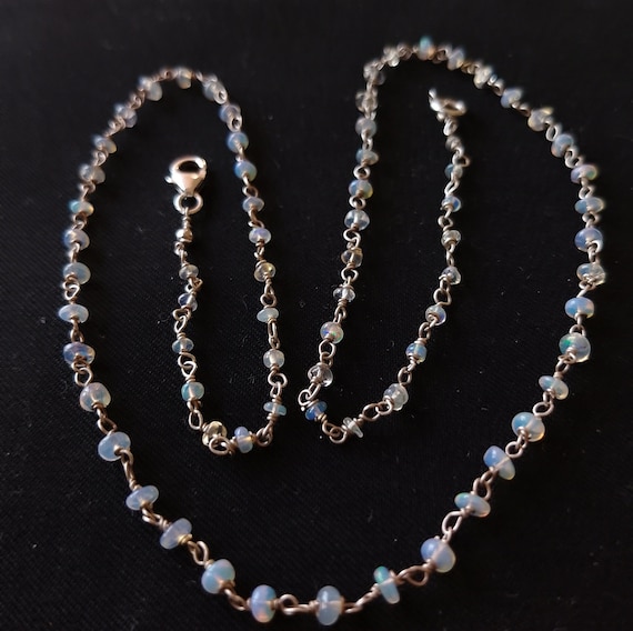 Opal Beads Necklace, Ethiopian Opal Beaded Sterling Silver Wire Wrapped Necklace, Opal Smooth Beads Rosary Chain Necklace, Gift for Mother