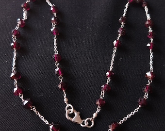 Garnet Beaded Sterling Silver Choker Necklace, Faceted Rondelle Gemstone Jewelry