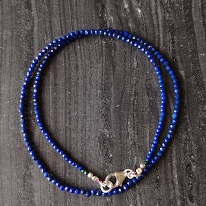 Tiny natural lapis lazuli gemstone necklace, lapis lazuli minimalist choker, lapis lazuli beaded sterling silver necklace, anniversary gift
