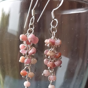 Sterling silver pink opal beads cluster earring, gift for her, pink opal faceted rondelle dangle earrings, boho earring, birthstone earrings